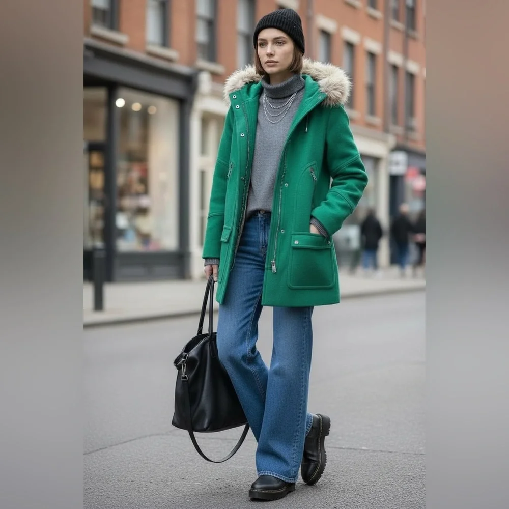 J. Crew Chateau Parka Italian Wool Stadium Cloth Faux Fur Hooded Coat Green Sz 4 - Picture 1 of 16